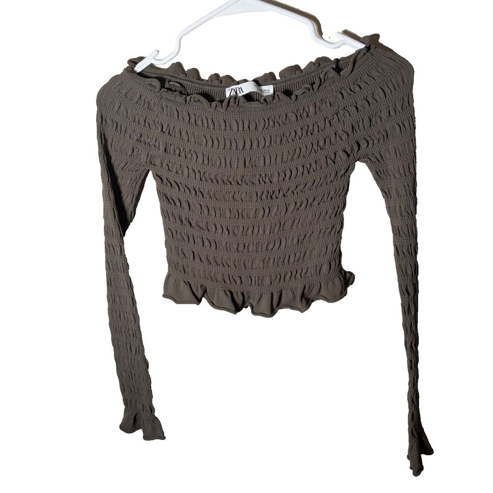 Zara Blouse Women's Small Olive Smocked Cropped Long Sleeve Ruffle Top